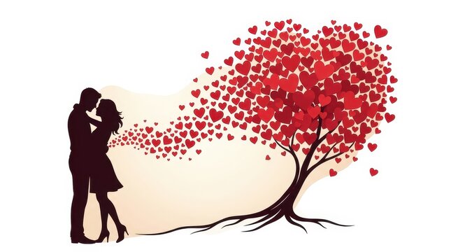 Romantic couple silhouette with heart shaped tree