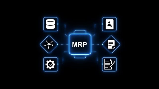 MRP, Six sigma, quality control and manufacturing process management concept. Motion Graphic concept. 4k animation on transparent.