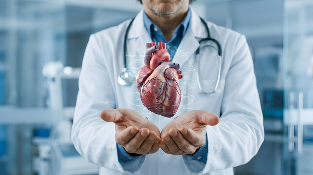 Physician in white coat and stethoscope holding holographic human heart with glowing medical