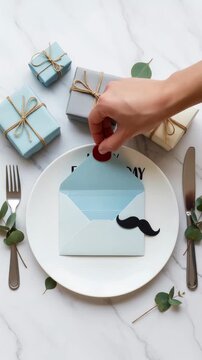 Hand opening a waxsealed father's day envelope on a white plate with a paper mustache and pastel gift boxes top view flat lay sequence