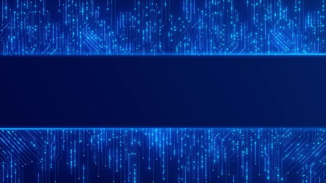 Technology title frame circuit background cyan glowing pathways, dark blue center space, electronic line details. logo reveals, intro videos, data presentations, app promos, and digital overlays.