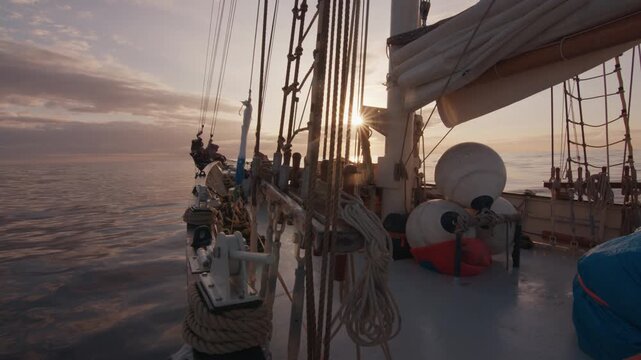 Expeditional sailing vessel moves in the open ocean