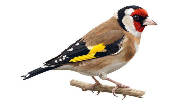 Colorful European goldfinch with red face mask and yellow wing bars perched on a bare branch