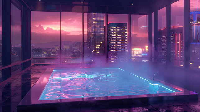 Rooftop jacuzzi with romantic atmosphere overlooking city skyline at sunset