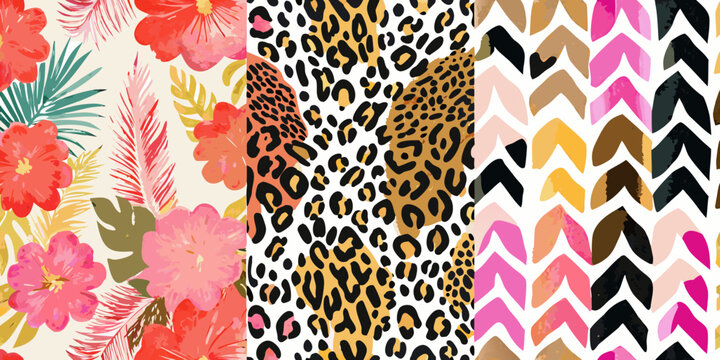 Floral leopard and chevron patterns a colorful vector illustration