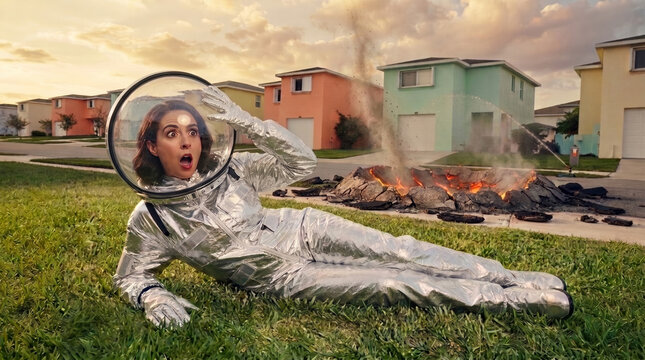 Shocked woman in a silver hazmat suit near a smoking meteorite crater on a suburban lawn, perfect for satirical disaster insurance campaigns.