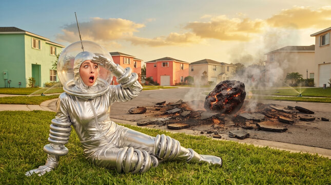Shocked woman in a silver hazmat suit near a smoking meteorite crater on a suburban lawn, perfect for satirical disaster insurance campaigns.