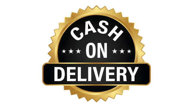 Cash on Delivery badge with gold starburst border and black background with stars, label, stamp