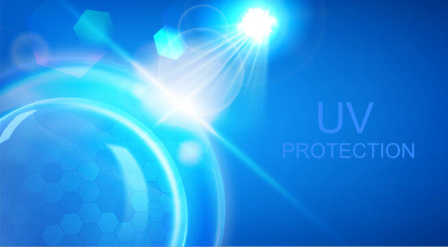 UV shield protection banner with dome barrier and blue hexagon pattern. Vector realistic illustration of transparent 3d sphere design with neon light effect, sunscreen technology, ultraviolet block