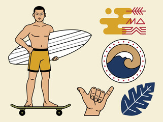 Retro Surf and Skate Illustration Set with Man, Surfboard, Skateboard, and Tropical Icons © Chihiro