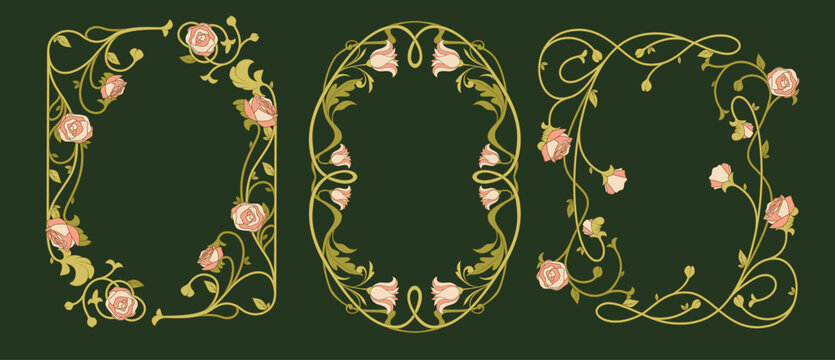 Art Nouveau floral frames set with pink roses on green vine. Vector illustration of vintage borders for luxury invitations, elegant decorative botanical elements for wedding cards and classic books