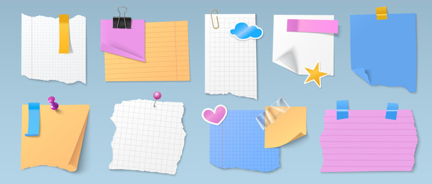 Torn notebook paper sheets with ripped edges and color stickers. Vector realistic set of school notes attached to board with pin, paperclip and sticky tape, creative school collage design elements