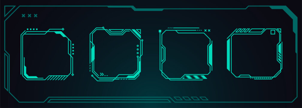 Futuristic UI frame with glowing HUD elements on black background. Vector realistic illustration of holographic interface design for game screens and tech dashboards with cyberpunk square borders