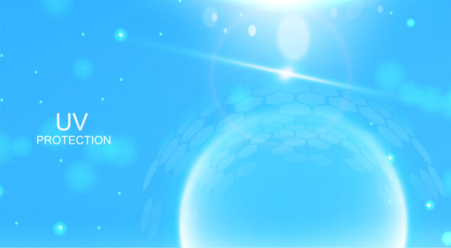 Uv shield protection banner with glass dome barrier and blue hexagon pattern. Vector realistic illustration of transparent 3d sphere with sun light effect, sunscreen technology, ultraviolet block