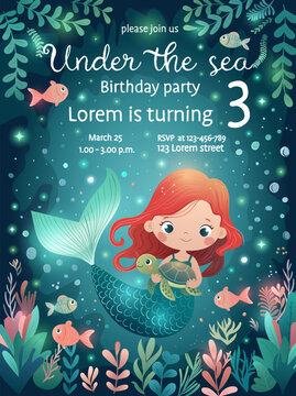Under the sea birthday party invitation template with cute mermaid and sea turtle