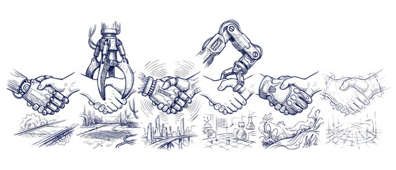 Obraz premium Robot human handshake sketch illustration, mechanical cybernetic hands shaking in industrial technology laboratory and futuristic digital city backgrounds, AI collaboration concept banner.
