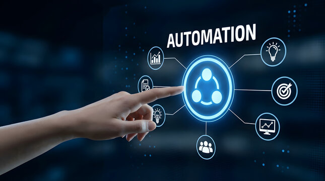 Hand pointing to glowing automation concept with network icons on dark digital background, touch