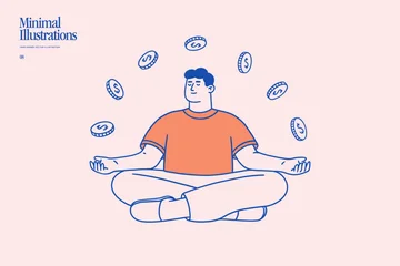 Man meditating with floating coins, symbolizing financial mindfulness, wealth, and balance. Minimal line illustration for fintech, investing, banking, budgeting, apps, and websites. © KOSIM