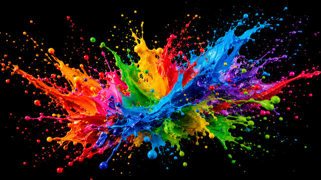 Vibrant multicolor paint splash explosion on black background