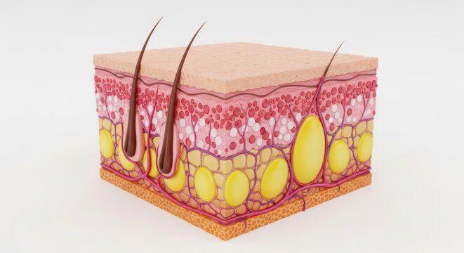 3d illustration of a crosssection of human skin showing layers and hair follicles