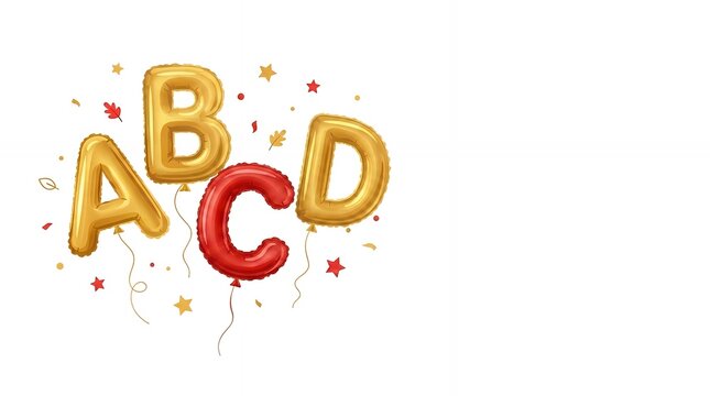 Colorful alphabet balloons spelling ABCD for back to school celebration. Festive educational party decor with golden and red letter-shaped balloons...
