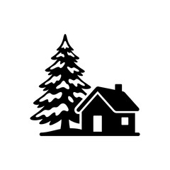 Fototapeta premium Black and white minimalist icon of a small winter cabin cottage with a chimney situated next to a large snow-covered pine tree, isolated on a white background for graphic design.