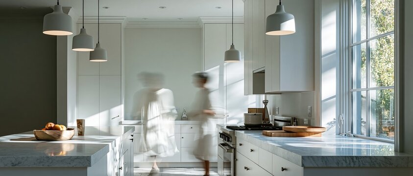 Artistic long exposure shot captures the fluid motion of a woman moving through a sunlit luxury kitchen. Marble countertops, pendant lights, and white cabinetry evoke effortless domestic.