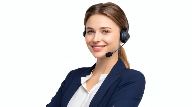 Portrait of a smiling young woman with headset, customer support or call center operator in business attire, isolated on white background.