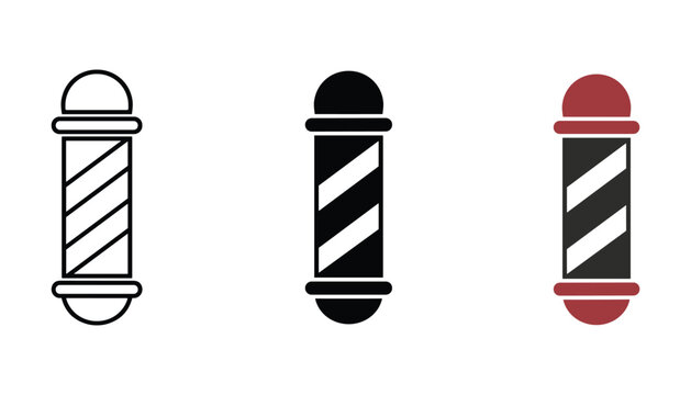 Classic barber pole icon in three variations of outline solid black and red striped color for traditional barbershop branding and hair salon signage graphic design elements