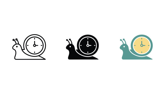 Snail with clock icon set representing slow time management and productivity concepts in outline solid and flat colored graphic design for project planning and business analysis