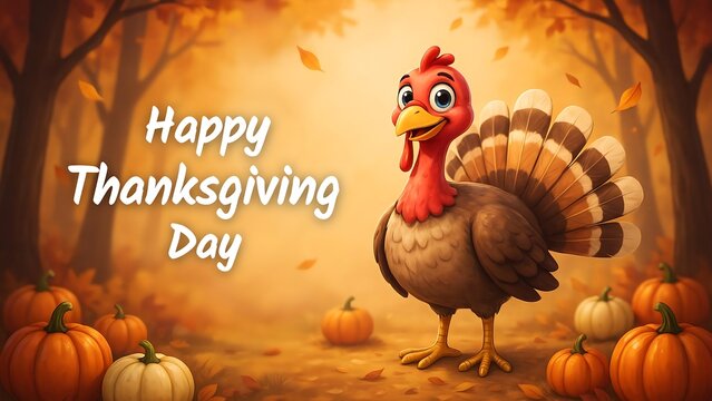 A colorful illustration of a turkey surrounded by pumpkins in an autumnal forest setting thanksgiving autumn fall gourd