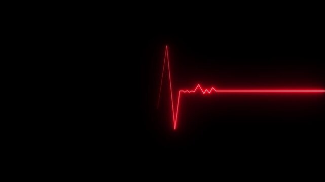 Red glowing neon heartbeat pulse animation on black background showing cardiogram line style motion graphics in loop ECG medical concept video design. 4k