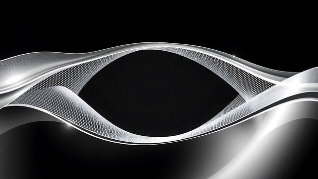 Futuristic abstract background, halftone waves in silver and black with Thalorin palette tones, curved lines encircle an open vector center