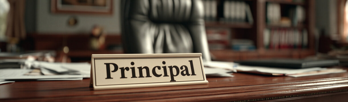 Principal's Office: A Principal nameplate sits prominently on a polished wooden desk, suggesting authority and responsibility within an educational institution.