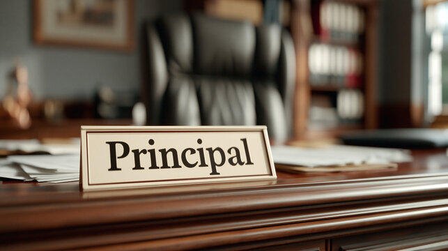 Principal's Office Desk: A close-up shot of a wooden desk in a principal's office, featuring a nameplate that reads Principal, with a leather chair and bookshelves in the background.