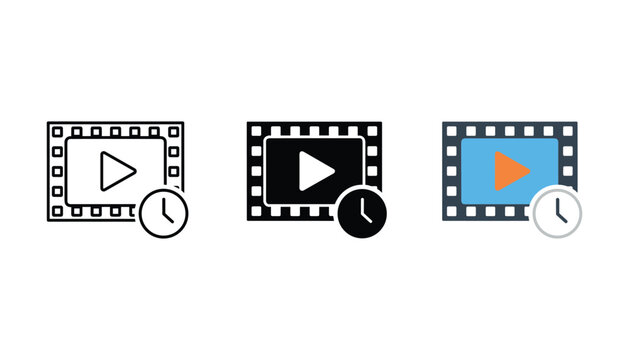 Video film reel frame icons showing play button with clock timer overlay in outline black and multi-colored flat style for media playback and video editing software interface design