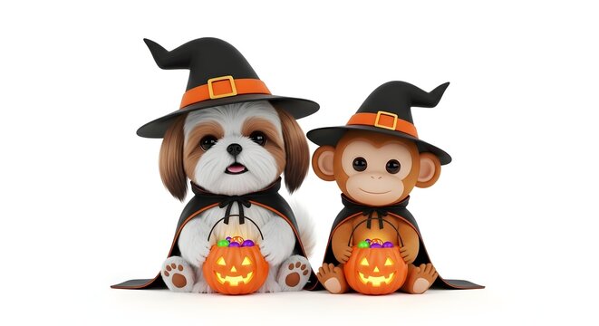 Cute puppy and monkey wearing halloween witch hats and capes holding pumpkin buckets with candy isolated on white background