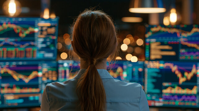 Financial Analyst at Work: A lone financial analyst, her back to the viewer, intensely studies multiple trading charts and market data displayed on numerous screens in a dimly lit office.