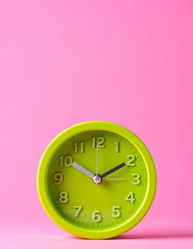 Modern round green table clock standing on solid pink surface in clean studio photography setup.