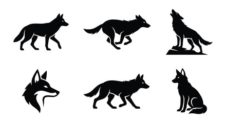 Fototapeta premium Wolf Silhouettes Collection Black Vector Illustrations On White Background