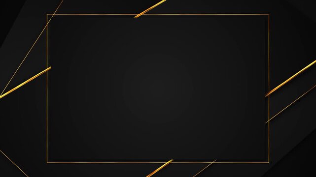 Black gold geometric rectangle frame thin metallic lines, dark premium center space, layered angular shapes. luxury titles, product promos, award slides, business intros, elegant overlays.