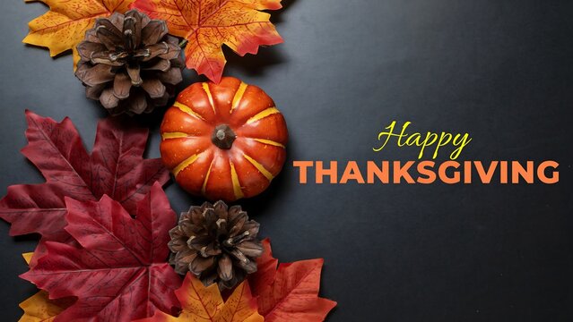 Autumn pumpkins pine cones and maple leaves arranged on a dark gray background for thanksgiving celebrations fall gourds