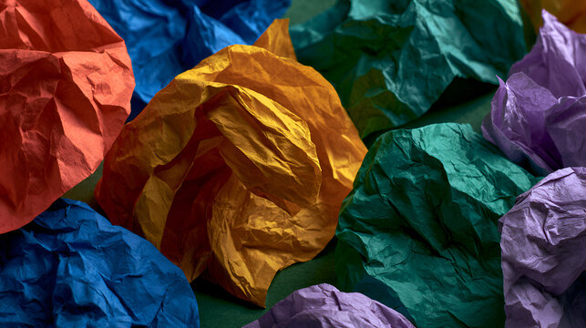 Many colorful crumpled paper balls creating abstract textured background, representing themes of creativity, discarded ideas, brainstorming, waste, and recycling concepts