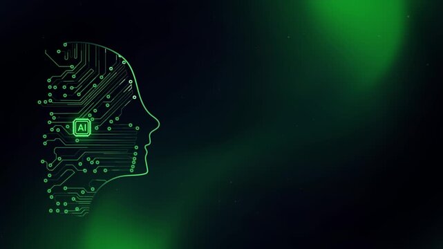 Artificial Intelligence Human Profile Digital Interface Background with Green Neural Network on Dark Gradient