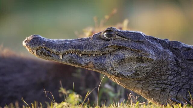 Yacare caiman lies motionless in low wetland grass, its textured head and teeth sharply lit against a soft blurred background.