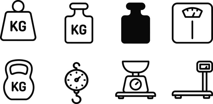 Weight & Scale Icon Set &ndash; 8 Vector Icons for Kilogram, Kettlebell, Weighing Machine & Fitness