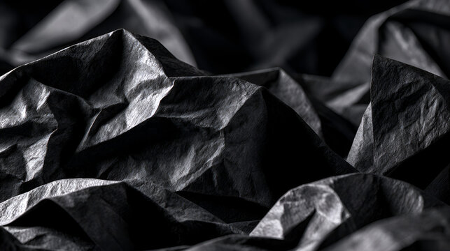 Dark black crumpled paper creating an abstract background texture with dramatic contrasts, resembling rugged terrain or shadowy mountain peaks and valleys