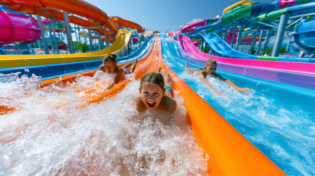 Three happy children smiling and splashing water while racing down vibrant multi lane waterslides in an outdoor amusement water park on a sunny day