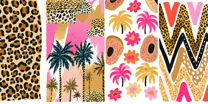Leopard print and tropical floral pattern collection vibrant vector illustration
