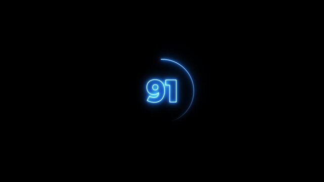 Glowing neon countdown timer from 100 to 0 seconds. Blue neon countdown timer 100 second animation. One hundred to zero second countdown on black background.